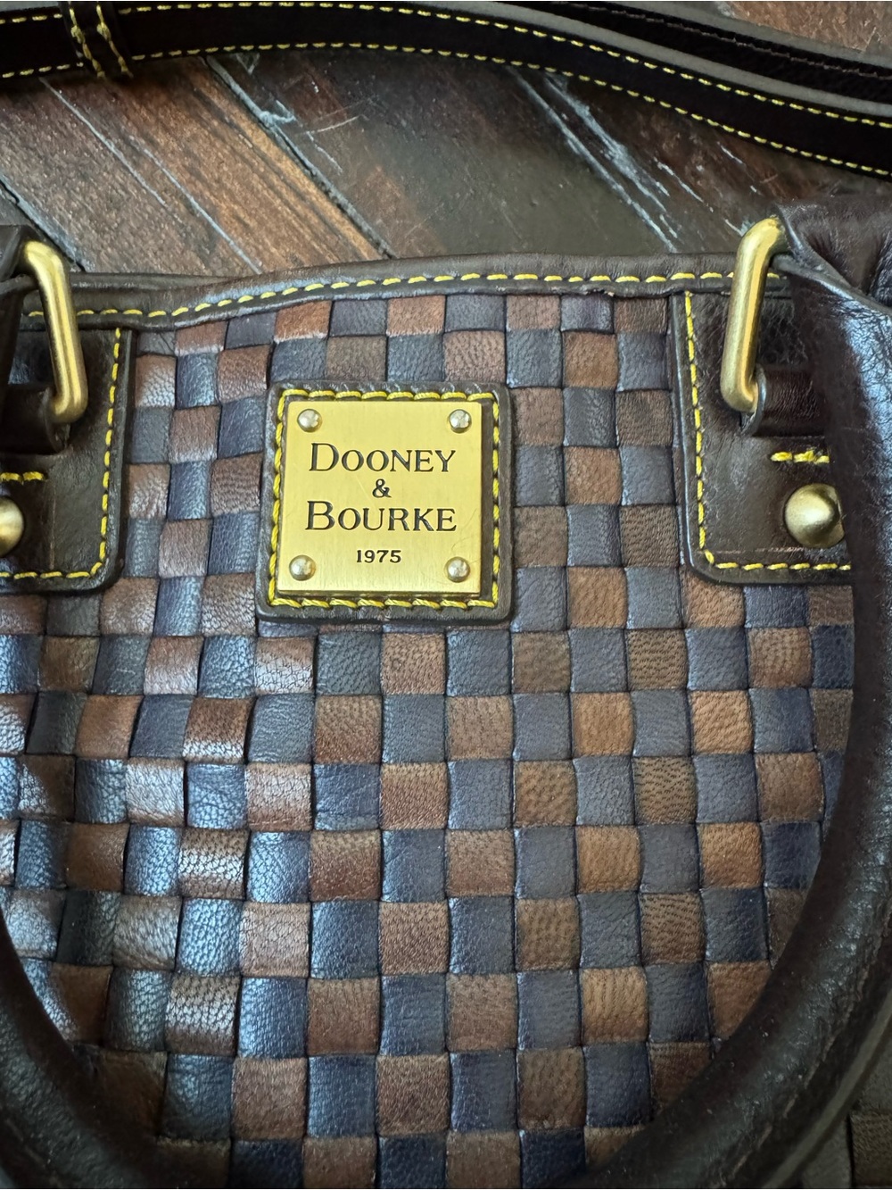 Dooney & Bourke Brown Woven Leather Shoulder Bag with Gold Plate